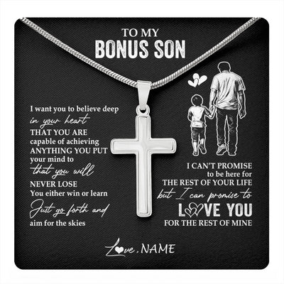 Stainless Cross Necklace Stainless Steel | 1 | Personalized To My Bonus Son Necklace You Will Never Lose From Bonus Dad Stepfather Stepson Birthday Gifts Graduation Christmas Gift Box Message Card | teecentury