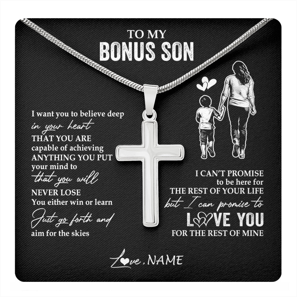 Stainless Cross Necklace Stainless Steel | 1 | Personalized To My Bonus Son Necklace You Will Never Lose From Stepmother Stepmom Stepson Birthday Gifts Graduation Christmas Customized Gift Box Message Card | teecentury