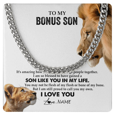 Cuban Link Chain Necklace Stainless Steel | 1 | Personalized To My Bonus Son Necklace from Stepfather Lion I Love You Stepchild Adopted Son Stepson Birthday Christmas Customized Gift Box Message Card | teecentury