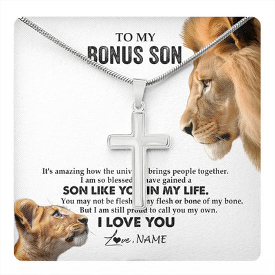Stainless Cross Necklace Stainless Steel | 1 | Personalized To My Bonus Son Necklace from Stepfather Lion I Love You Stepchild Adopted Son Stepson Birthday Christmas Customized Gift Box Message Card | teecentury