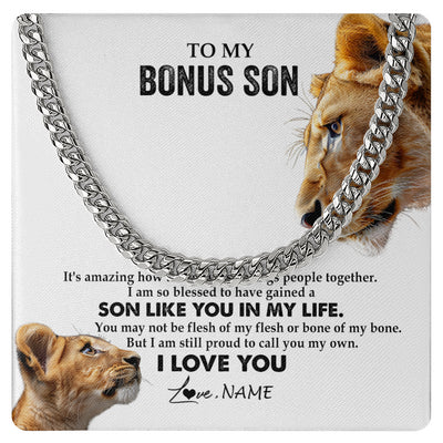 Cuban Link Chain Necklace Stainless Steel | 1 | Personalized To My Bonus Son Necklace from Stepmother Lion I Love You Stepchild Adopted Son Stepson Birthday Christmas Customized Gift Box Message Card | teecentury