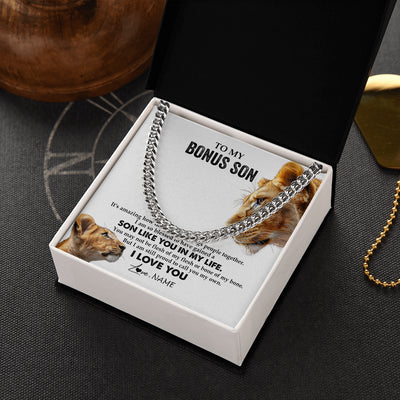 Cuban Link Chain Necklace Stainless Steel | 2 | Personalized To My Bonus Son Necklace from Stepmother Lion I Love You Stepchild Adopted Son Stepson Birthday Christmas Customized Gift Box Message Card | teecentury