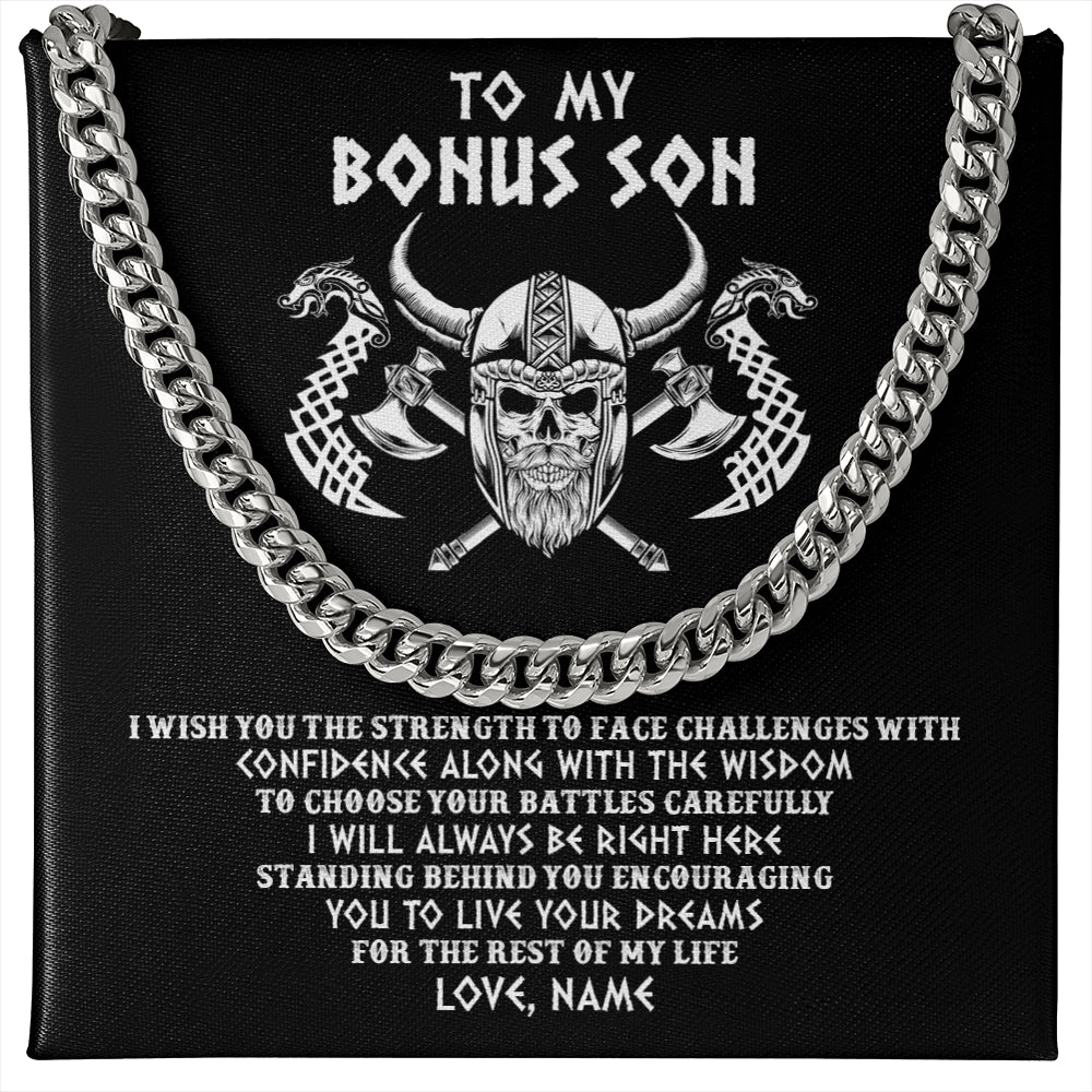Cuban Link Chain Necklace Stainless Steel | 1 | Personalized To My Bonus Son Viking Necklace I Wish You The Strength Scandinavian Norse Runes Viking Men Birthday Christmas Customized Gift Box Message Card | teecentury