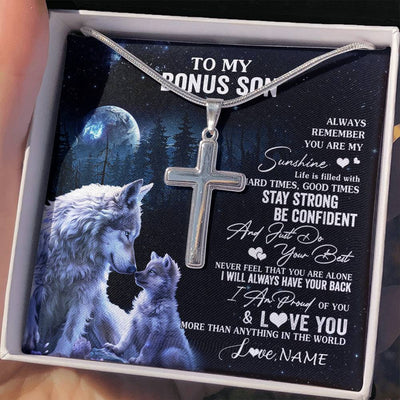 Stainless Cross Necklace Stainless Steel | 2 | Personalized To My Bonus Son Wolf Necklace From Step Mom Stepdad Always Remember Step Son Birthday Graduation Christmas Customized Gift Box Message Card | teecentury