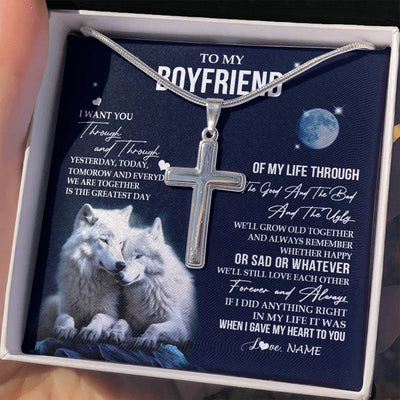 Stainless Cross Necklace Stainless Steel | 2 | Personalized To My Boyfriend Necklace From Girlfriend I Want You Wolf Boyfriend Birthday Anniversary Valentines Day Christmas Customized Gift Box Message Card | teecentury