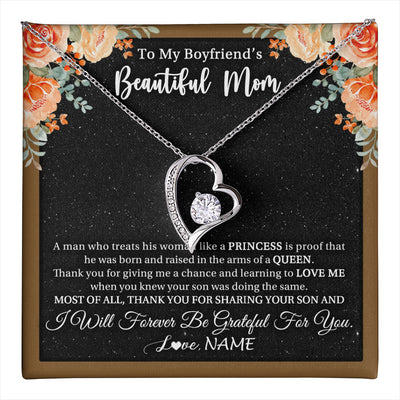Forever Love Necklace 14K White Gold Finish | 1 | Personalized To My Boyfriend's Beautiful Mom Necklace Thank You Future Mother In Law Boyfriends Mothers Day Birthday Christmas Customized Gift Box Message Card | teecentury