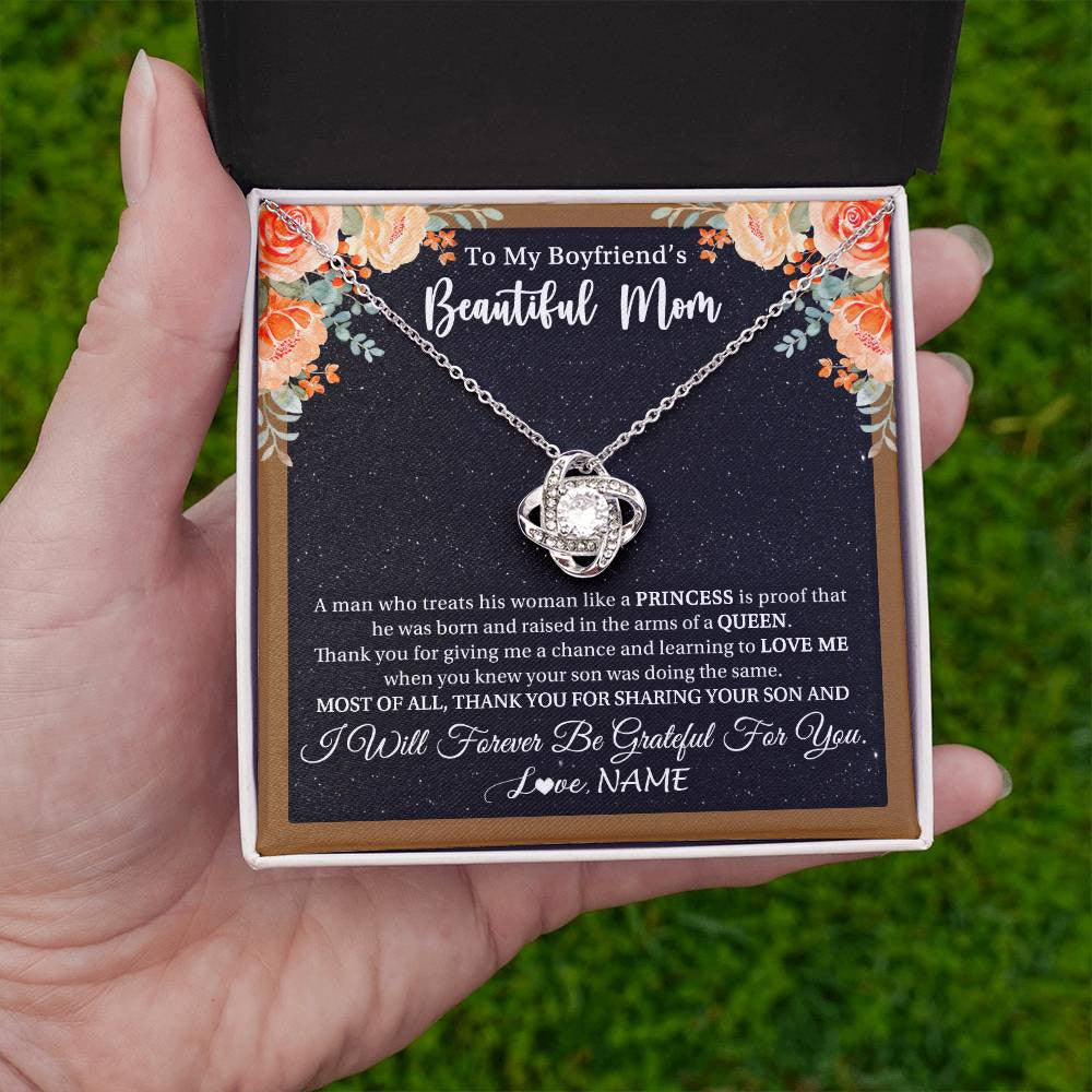 Love Knot Necklace 14K White Gold Finish | 2 | Personalized To My Boyfriend's Beautiful Mom Necklace Thank You Future Mother In Law Boyfriends Mothers Day Birthday Christmas Customized Gift Box Message Card | teecentury