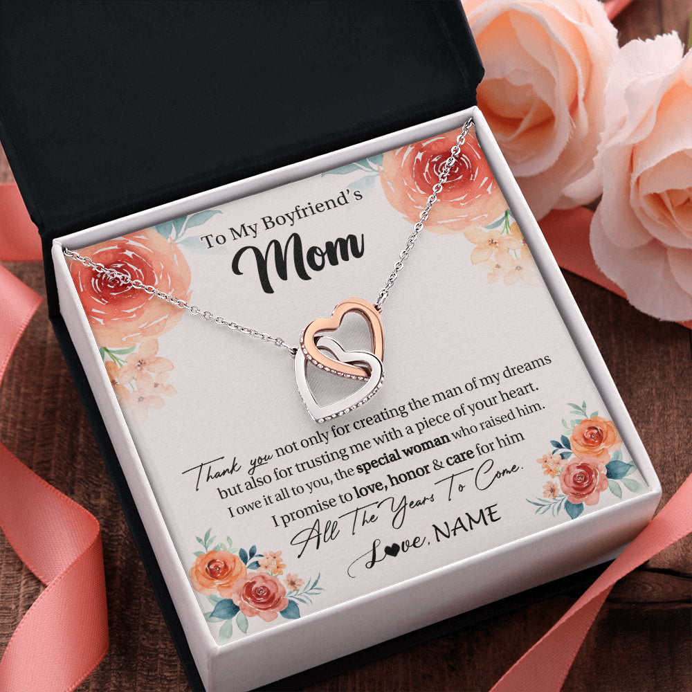 Interlocking Hearts Necklace Stainless Steel & Rose Gold Finish | 2 | Personalized To My Boyfriend's Mom Gifts Necklace Thank You Birthday Gifts For Boyfriends Mom Mother In Law Mothers Day Jewelry Gift Box Message Card | teecentury