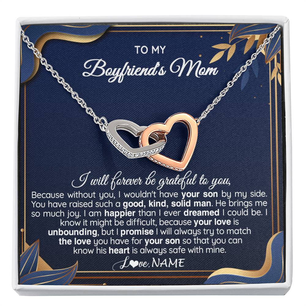 Interlocking Hearts Necklace Stainless Steel & Rose Gold Finish | 1 | Personalized To My Boyfriend's Mom Necklace From Daugter Grateful Gifts For Boyfriends Mom Jewelry Birthday Wedding Christmas Customized Gift Box Message Card | teecentury