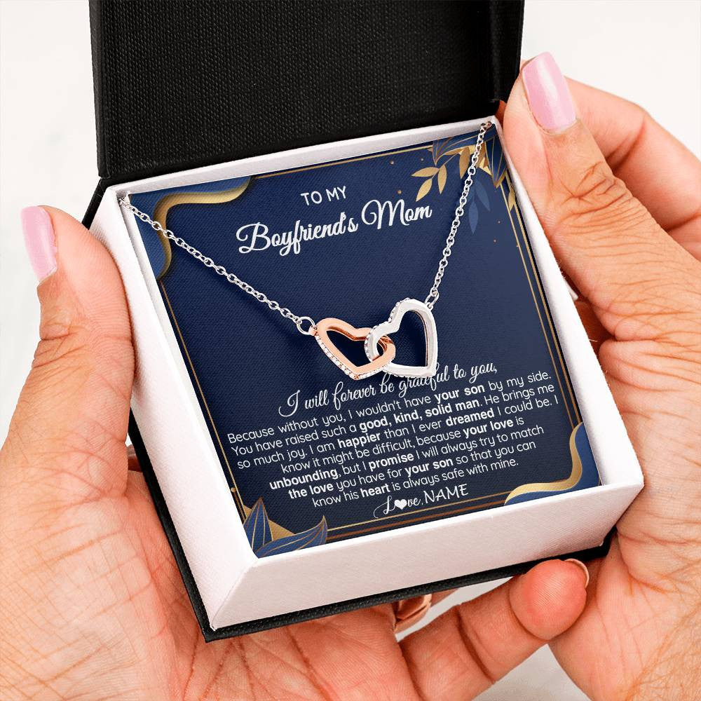 Interlocking Hearts Necklace Stainless Steel & Rose Gold Finish | 2 | Personalized To My Boyfriend's Mom Necklace From Daugter Grateful Gifts For Boyfriends Mom Jewelry Birthday Wedding Christmas Customized Gift Box Message Card | teecentury