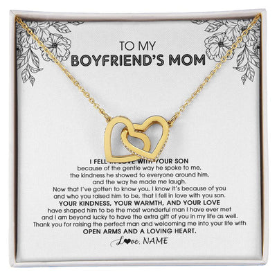 Interlocking Hearts Necklace 18K Yellow Gold Finish | Personalized To My Boyfriend's Mom Necklace I Fell In Love With Your Son Boyfriends Mom Mother's Day Birthday Pendant Jewelry Customized Gift Box Message Card | teecentury