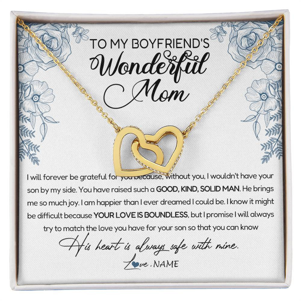 Interlocking Hearts Necklace 18K Yellow Gold Finish | Personalized To My Boyfriend's Mom Necklace You Have Raised A Solid Man Boyfriends Mom Mother's Day Birthday Pendant Jewelry Customized Gift Box Message Card | teecentury