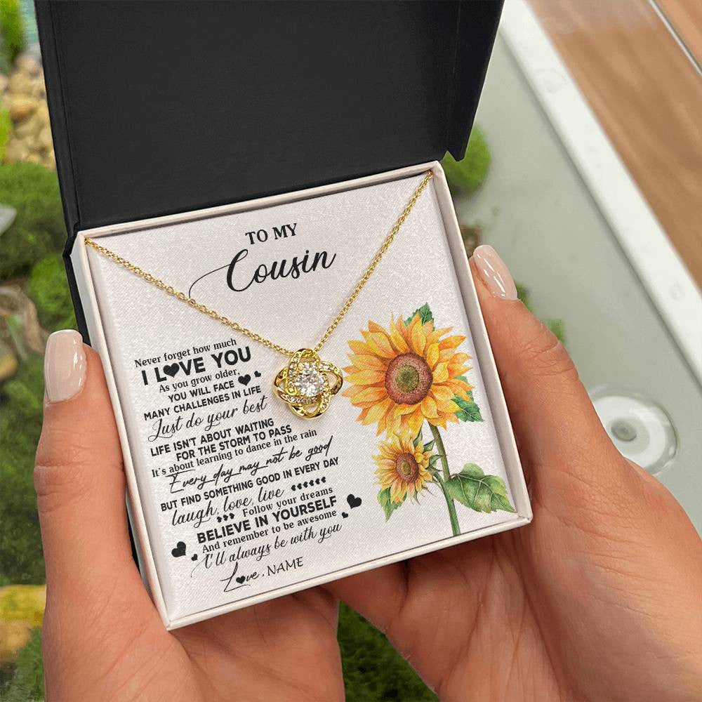 Love Knot Necklace 18K Yellow Gold Finish | 2 | Personalized To My Cousin Necklace From Family Sunflower Wood Laugh Love Live Cousin Birthday Graduation Christmas Customized Gift Box Message Card | teecentury