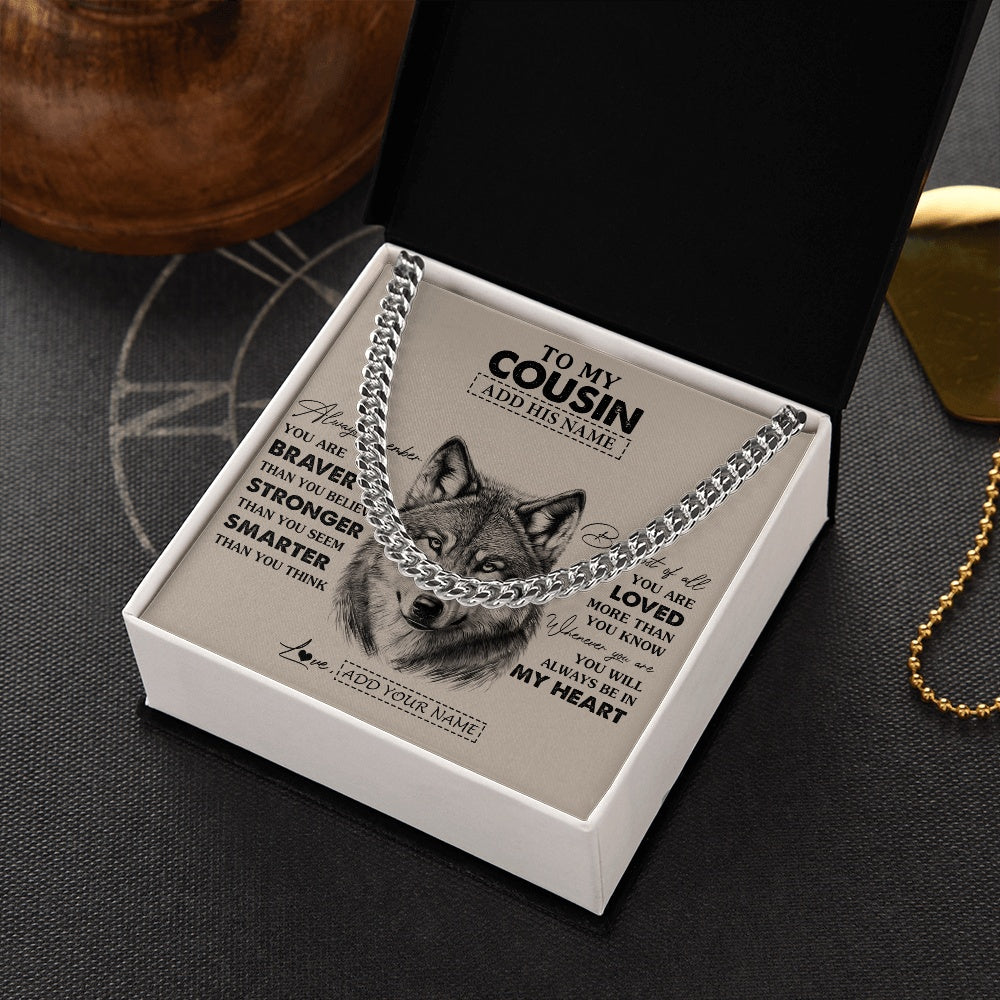 Cuban Link Chain Necklace Stainless Steel | 2 | Personalized To My Cousin Necklace From Family Wolf Braver Stronger Smarter Cousin Birthday Graduation Christmas Customized Gift Box Message Cardghg | teecentury.myshopify