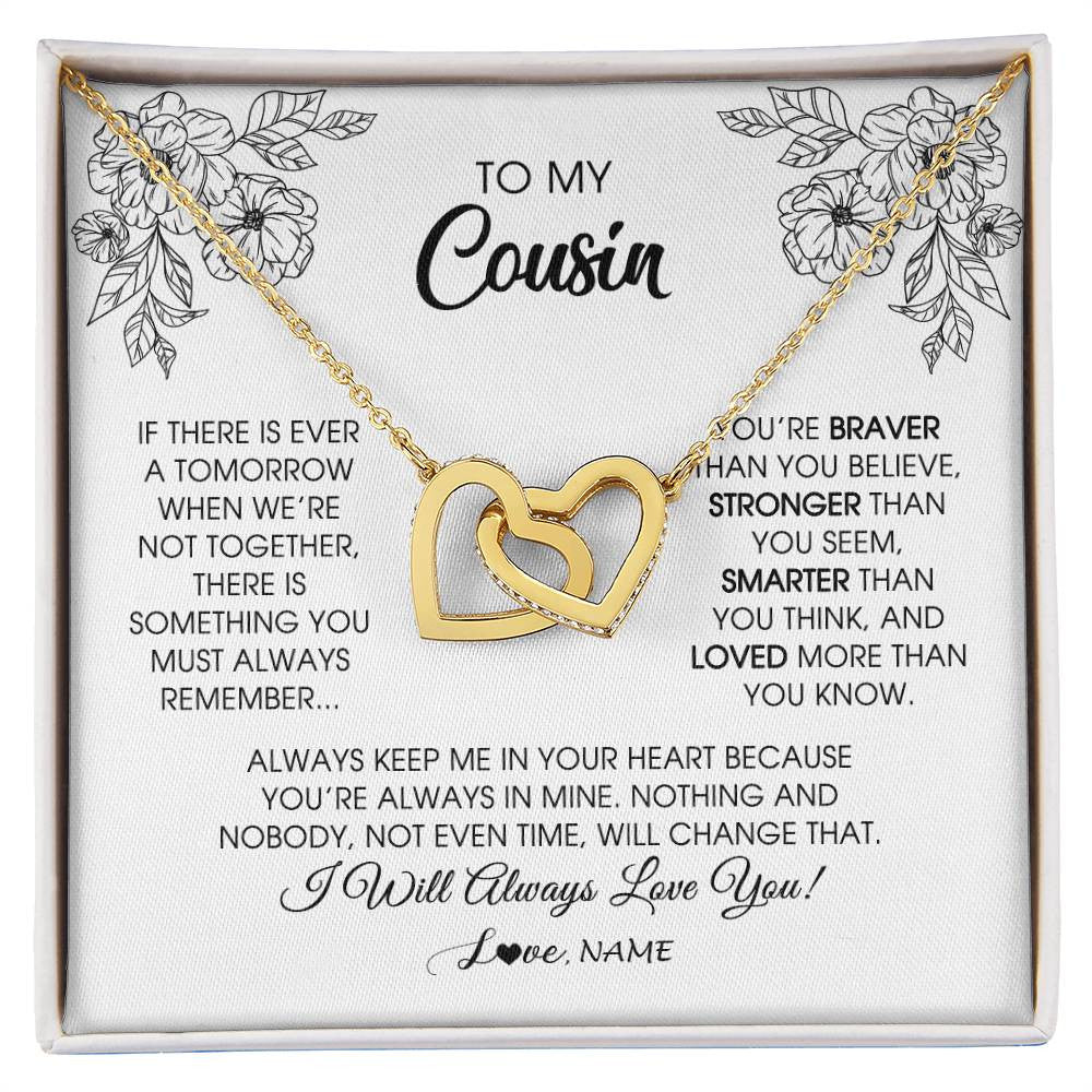 Interlocking Hearts Necklace 18K Yellow Gold Finish | Personalized To My Cousin Necklace From Family You're Braver Stronger Smarter Cousin Birthday Christmas Customized Jewelry Gift Box Message Card | teecentury