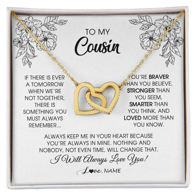 Interlocking Hearts Necklace 18K Yellow Gold Finish | Personalized To My Cousin Necklace From Family You're Braver Stronger Smarter Cousin Birthday Christmas Customized Jewelry Gift Box Message Card | teecentury