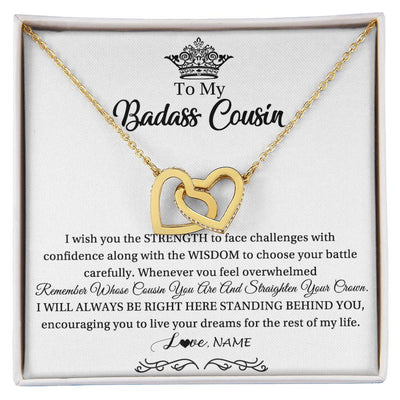 Interlocking Hearts Necklace 18K Yellow Gold Finish | Personalized To My Cousin Necklace Straighten Your Crown Cousin Pendant Jewelry Birthday Graduation Christmas Customized Gift Box Message Card | teecentury