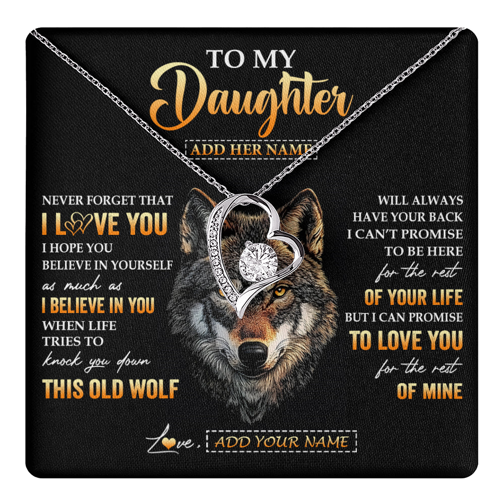 Forever Love Necklace 14K White Gold Finish | 1 | Personalized To My Daughter Gifts From Dad Father Mom Mother Necklace Old Wolf Love You Daughter Birthday Gifts Graduation Christmas Gift Box Message Card | teecentury