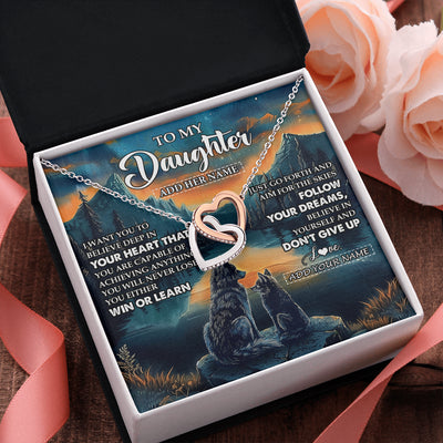 Interlocking Hearts Necklace Stainless Steel & Rose Gold Finish | 2 | Personalized To My Daughter Gifts From Mom Dad Necklace Don't Give Up Wolf Gifts For Daughter Birthday Graduation Christmas Customized Gift Box Message Card | teecentury