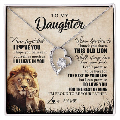 Forever Love Necklace 14K White Gold Finish | Personalized To My Daughter Gifts Necklace From Dad Father Old Lion Daughter Jewelry Birthday Gifts Graduation Christmas Customized Gift Box Message Card | teecentury