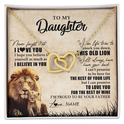 Interlocking Hearts Necklace 18K Yellow Gold Finish | Personalized To My Daughter Gifts Necklace From Dad Father Old Lion Daughter Jewelry Birthday Gifts Graduation Christmas Customized Gift Box Message Card | teecentury