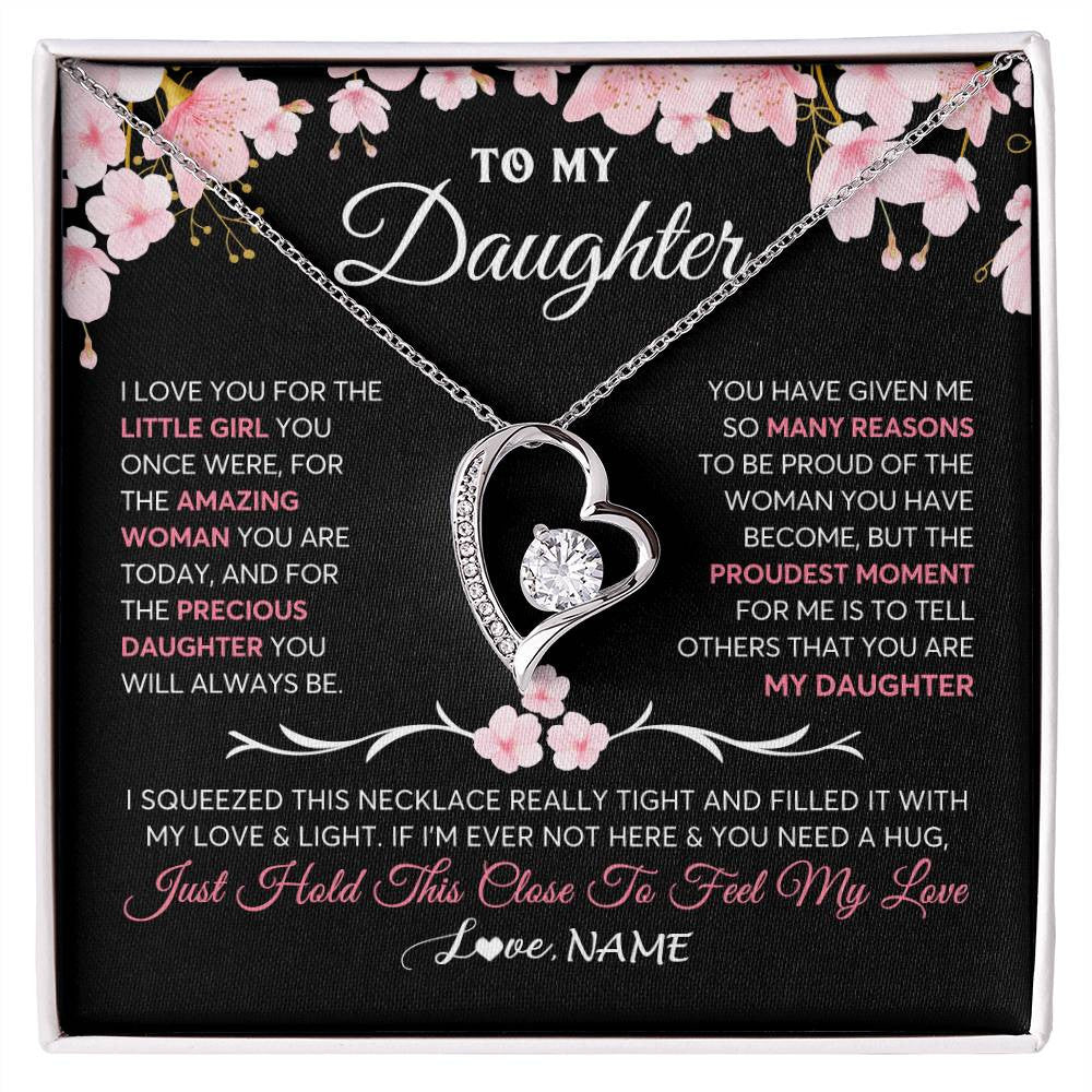 Forever Love Necklace 14K White Gold Finish | 1 | Personalized To My Daughter Gifts Necklace From Mom Dad Mother Father Love Precious Daughter Birthday Graduation Christmas Customized Gift Box Message Card | teecentury