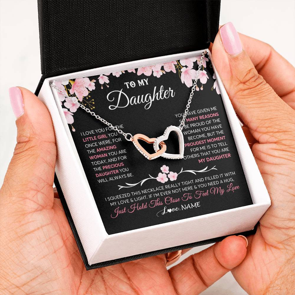 Interlocking Hearts Necklace Stainless Steel & Rose Gold Finish | 2 | Personalized To My Daughter Gifts Necklace From Mom Dad Mother Father Love Precious Daughter Birthday Graduation Christmas Customized Gift Box Message Card | teecentury