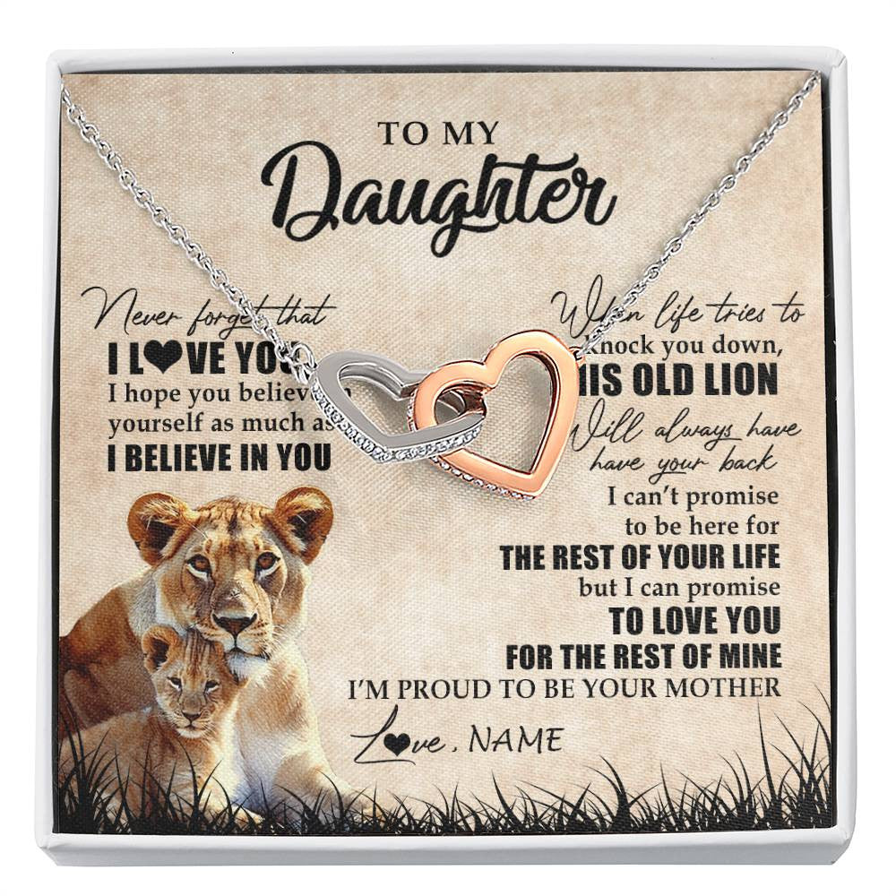 Interlocking Hearts Necklace Stainless Steel & Rose Gold Finish | Personalized To My Daughter Gifts Necklace From Mom Mother Old Lion Daughter Jewelry Birthday Gifts Graduation Christmas Customized Gift Box Message Card | teecentury