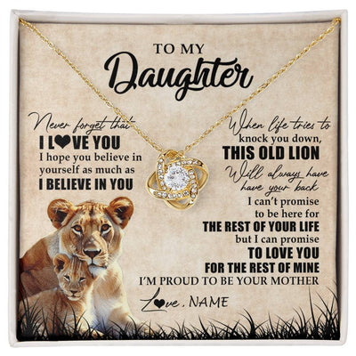 Love Knot Necklace 18K Yellow Gold Finish | Personalized To My Daughter Gifts Necklace From Mom Mother Old Lion Daughter Jewelry Birthday Gifts Graduation Christmas Customized Gift Box Message Card | teecentury