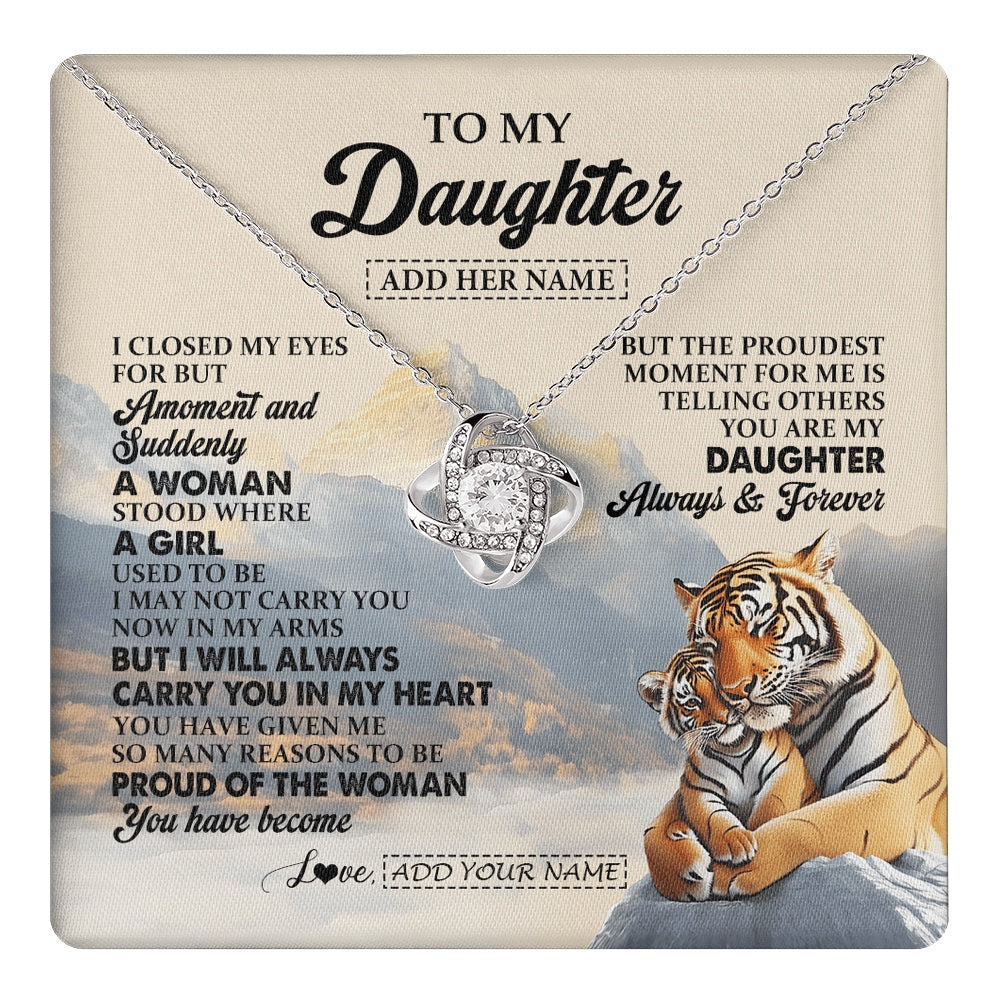 Love Knot Necklace 14K White Gold Finish | 1 | Personalized To My Daughter Gifts Necklace Tiger From Mom Dad Mother You Are My Daughter Birthday Gifts Graduation Christmas Custom Gift Box Message Card | https://teecentury.