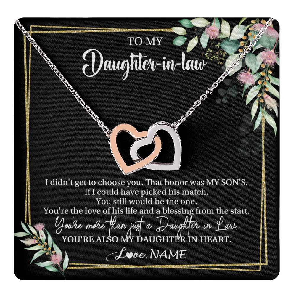 Interlocking Hearts Necklace Stainless Steel & Rose Gold Finish | 1 | Personalized To My Daughter In Law Necklace Gift From Mother In Law Honor Pendant Jewelry Daughter In Law Birthday Christmas Customized Gift Box Message Card | teecentury