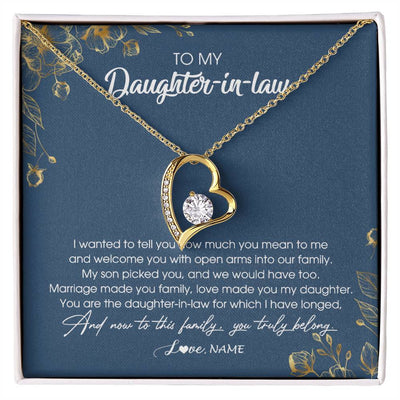 Forever Love Necklace 18K Yellow Gold Finish | Personalized To My Daughter In Law Necklace Welcome Into Our Family Daughter In Law Her Wedding Day Jewelry Birthday Christmas Customized Gift Box Message Card | teecentury