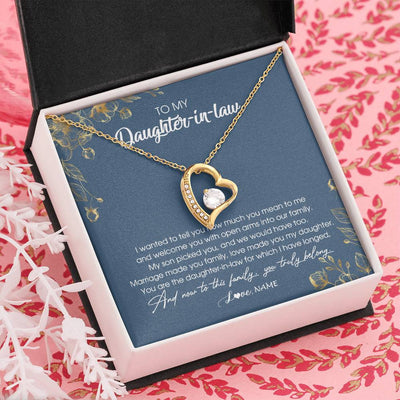 Forever Love Necklace 18K Yellow Gold Finish | Personalized To My Daughter In Law Necklace Welcome Into Our Family Daughter In Law Her Wedding Day Jewelry Birthday Christmas Customized Gift Box Message Card | teecentury