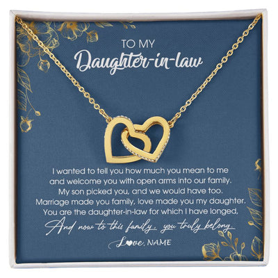 Interlocking Hearts Necklace 18K Yellow Gold Finish | Personalized To My Daughter In Law Necklace Welcome Into Our Family Daughter In Law Her Wedding Day Jewelry Birthday Christmas Customized Gift Box Message Card | teecentury