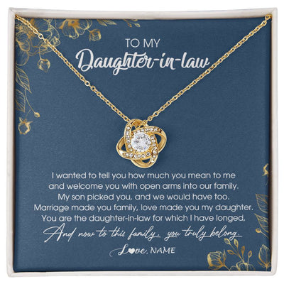 Love Knot Necklace 18K Yellow Gold Finish | Personalized To My Daughter In Law Necklace Welcome Into Our Family Daughter In Law Her Wedding Day Jewelry Birthday Christmas Customized Gift Box Message Card | teecentury