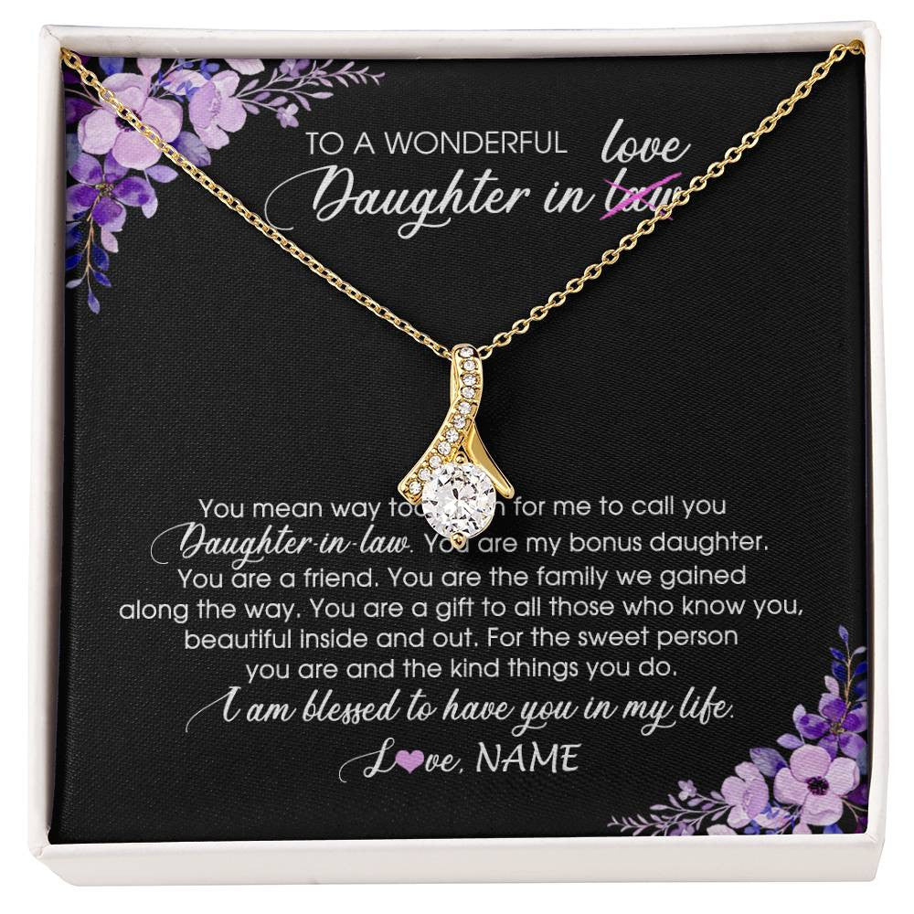 Alluring Beauty Necklace 18K Yellow Gold Finish | Personalized To My Daughter In Law Necklace from Mother In Law You Are My Bonus Daughter Jewelry Birthday Wedding Day Christmas Customized Message Card | teecentury