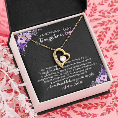 Forever Love Necklace 18K Yellow Gold Finish | Personalized To My Daughter In Law Necklace from Mother In Law You Are My Bonus Daughter Jewelry Birthday Wedding Day Christmas Customized Message Card | teecentury