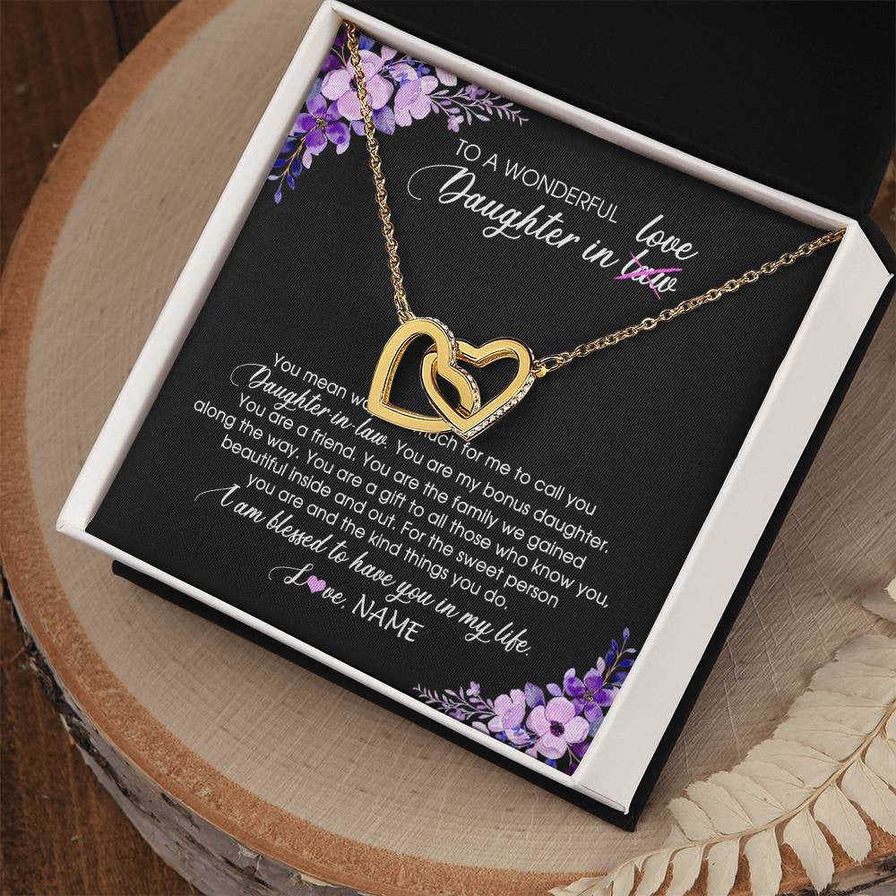 Interlocking Hearts Necklace 18K Yellow Gold Finish | Personalized To My Daughter In Law Necklace from Mother In Law You Are My Bonus Daughter Jewelry Birthday Wedding Day Christmas Customized Message Card | teecentury