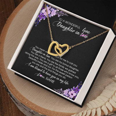 Interlocking Hearts Necklace 18K Yellow Gold Finish | Personalized To My Daughter In Law Necklace from Mother In Law You Are My Bonus Daughter Jewelry Birthday Wedding Day Christmas Customized Message Card | teecentury