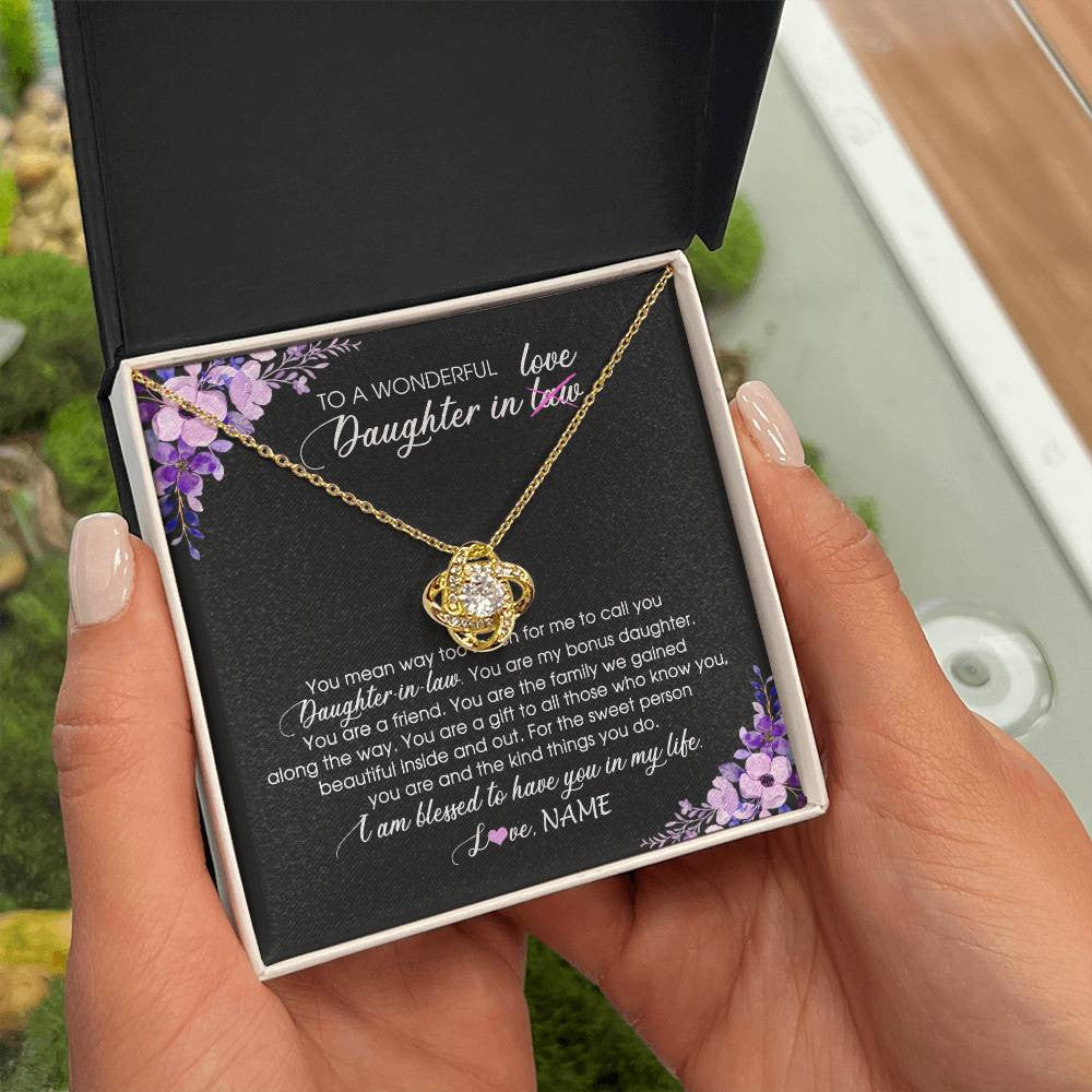 Love Knot Necklace 18K Yellow Gold Finish | Personalized To My Daughter In Law Necklace from Mother In Law You Are My Bonus Daughter Jewelry Birthday Wedding Day Christmas Customized Message Card | teecentury