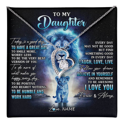 Forever Love Necklace 14K White Gold Finish | 1 | Personalized To My Daughter Lion Necklace From Dad Father Every Day Laugh Love Live Daughter Birthday Graduation Christmas Customized Gift Box Message Card | teecentury
