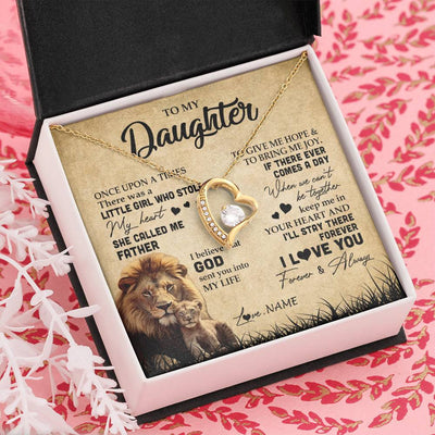 Forever Love Necklace 18K Yellow Gold Finish | Personalized To My Daughter Lion Necklace From Dad Father I'll Stay There Forever Daughter Birthday Graduation Christmas Customized Gift Box Message Card | teecentury