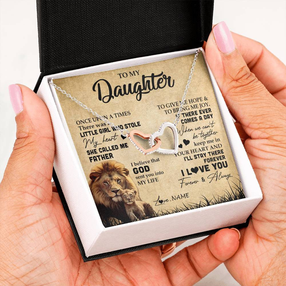 Interlocking Hearts Necklace | Personalized To My Daughter Lion Necklace From Dad Father I'll Stay There Forever Daughter Birthday Graduation Christmas Customized Gift Box Message Card | teecentury