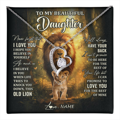Forever Love Necklace 14K White Gold Finish | 1 | Personalized To My Daughter Lion Necklace From Dad Father Never Forget That I Love You Daughter Birthday Graduation Christmas Customized Gift Box Message Card | teecentury