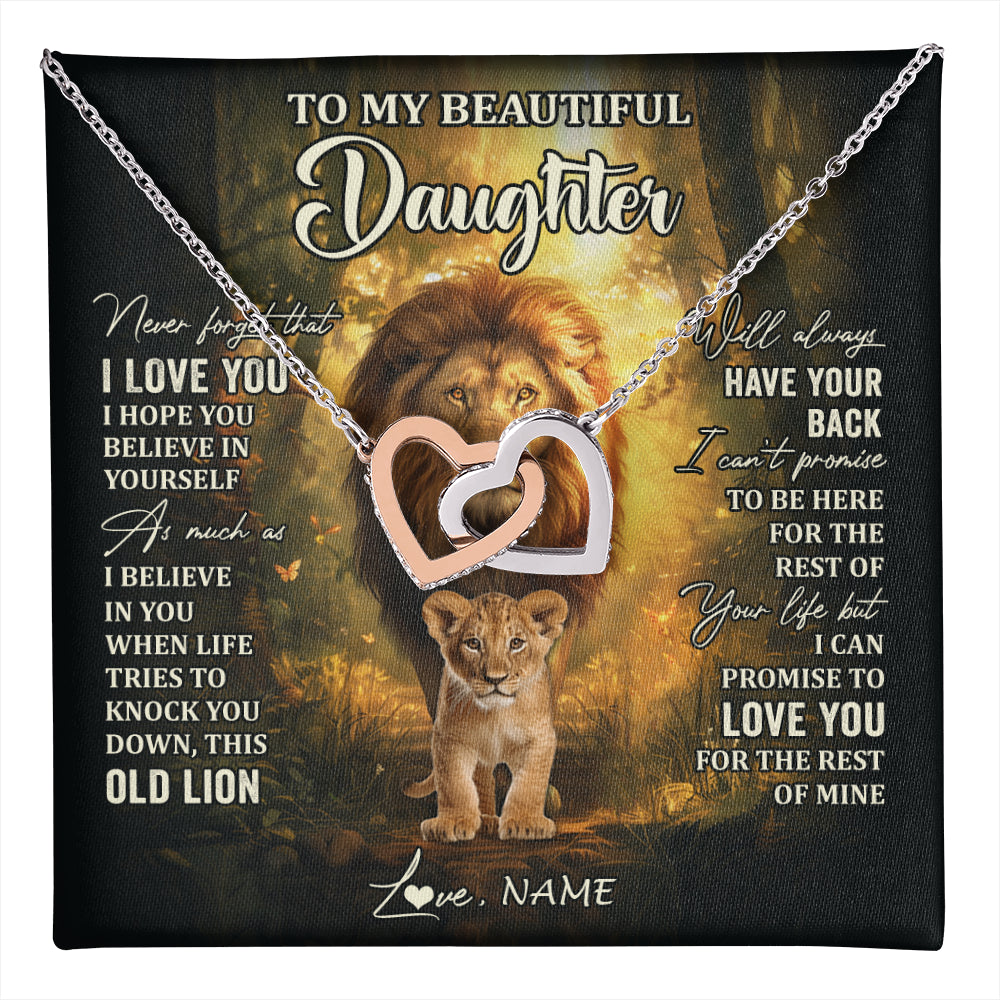 Interlocking Hearts Necklace Stainless Steel & Rose Gold Finish | 1 | Personalized To My Daughter Lion Necklace From Dad Father Never Forget That I Love You Daughter Birthday Graduation Christmas Customized Gift Box Message Card | teecentury