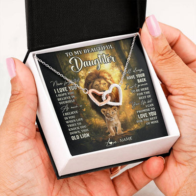 Interlocking Hearts Necklace Stainless Steel & Rose Gold Finish | 2 | Personalized To My Daughter Lion Necklace From Dad Father Never Forget That I Love You Daughter Birthday Graduation Christmas Customized Gift Box Message Card | teecentury