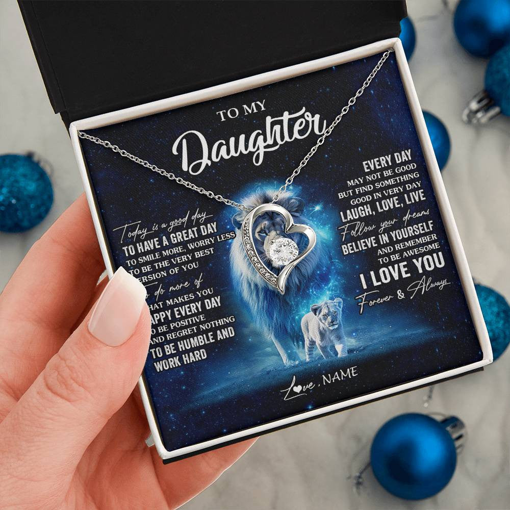 Forever Love Necklace 14K White Gold Finish | 2 | Personalized To My Daughter Lion Necklace From Dad Father Today Is A Good Day Daughter Gifts Birthday Graduation Christmas Customized Gift Box Message Card | teecentury