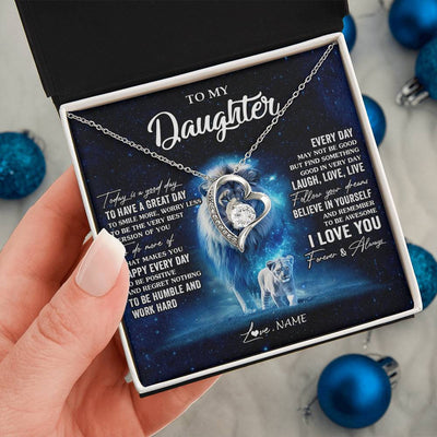 Forever Love Necklace 14K White Gold Finish | 2 | Personalized To My Daughter Lion Necklace From Dad Father Today Is A Good Day Daughter Gifts Birthday Graduation Christmas Customized Gift Box Message Card | teecentury