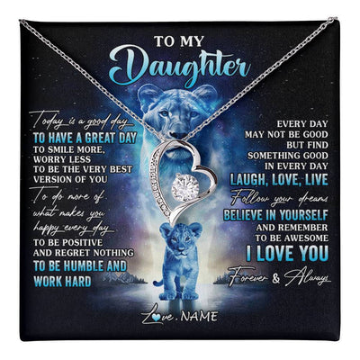 Forever Love Necklace 14K White Gold Finish | 1 | Personalized To My Daughter Lion Necklace From Mom Mother Every Day Laugh Love Live Daughter Birthday Graduation Christmas Customized Gift Box Message Card | teecentury