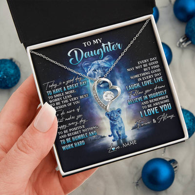 Forever Love Necklace 14K White Gold Finish | 2 | Personalized To My Daughter Lion Necklace From Mom Mother Every Day Laugh Love Live Daughter Birthday Graduation Christmas Customized Gift Box Message Card | teecentury
